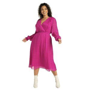 ELOQUII Dress Womens Plus Size 18 Surplice Pleated Long Sleeve Midi Pink NWT